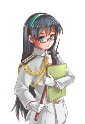 Rule 34 | 1girl, admiral (kancolle) (cosplay), admiral (kancolle), aiguillette, bad id, bad pixiv id, black hair, blue eyes, cosplay, epaulettes, glasses, gloves, hairband, highres, kantai collection, long hair, longmei er de tuzi, military, military uniform, ooyodo (kancolle), pointer, semi-rimless eyewear, solo, standing, tassel, under-rim eyewear, uniform, white background, white gloves