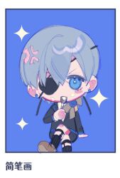 Rule 34 | 1boy, anger vein, black jacket, black shorts, black sleeves, black socks, blue background, blue eyes, blue flower, blue rose, blush stickers, bow, bowtie, brown bow, brown bowtie, brown footwear, chibi, chinese text, ciel phantomhive, coattails, collared jacket, crossed legs, crumbs, earrings, eyelashes, eyepatch, flower, flower brooch, foot out of frame, grey hair, highres, holding, holding spoon, jacket, jewelry, kneehighs, kuroshitsuji, long sleeves, looking at viewer, multiple drawing challenge, pinstripe legwear, pinstripe pattern, rose, shirt, shoes, short hair, shorts, single blush sticker, sitting, socks, solo, sparkle, spoon, striped, stud earrings, two-tone background, utensil in mouth, v-neck, v-shaped eyebrows, very short hair, white background, white shirt, yeshisi