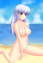 Rule 34 | 1girl, arm support, beach, bikini, blush, breasts, highres, large breasts, long hair, nippleless clothes, nipples, ocean, original, outdoors, red eyes, shiny skin, silver hair, skindentation, solo, strap gap, swimsuit, water, wiz (shadow)