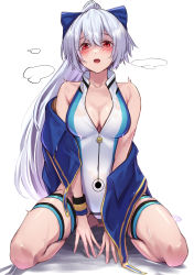 Rule 34 | 1girl, absurdres, bare shoulders, blue bow, blue jacket, blue one-piece swimsuit, bow, breasts, cleavage, collarbone, fate/grand order, fate (series), hair between eyes, hair bow, highleg, highleg swimsuit, highres, jacket, kneeling, large breasts, long hair, looking at viewer, off shoulder, one-piece swimsuit, open clothes, open jacket, open mouth, ponytail, red eyes, short sleeves, solo, swimsuit, thigh strap, thighs, tomoe gozen (fate), tomoe gozen (swimsuit saber) (fate), tomoe gozen (swimsuit saber) (first ascension) (fate), two-tone swimsuit, white hair, white one-piece swimsuit, yoshimoto (carpsukidayo)