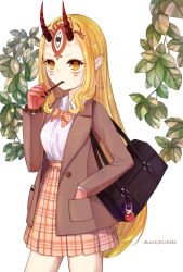 Rule 34 | 1girl, artist name, bag, bag charm, blonde hair, bow, bowtie, bracelet, brown coat, character charm, character doll, charm (object), coat, collared shirt, commentary request, cowboy shot, eating, facial mark, fate/grand order, fate (series), fingernails, food, forehead, hand in pocket, high-waist skirt, highres, horns, ibaraki douji (fate), jewelry, kumei, leaf, long fingernails, long hair, long sleeves, looking at viewer, open clothes, open coat, orange bow, orange bowtie, orange skirt, pearl bracelet, plaid, plaid bow, plaid bowtie, plaid neckwear, plaid skirt, pocky, pointy ears, school bag, school uniform, sharp fingernails, shirt, shuten douji (fate), sidelocks, simple background, skin-covered horns, skirt, solo, standing, white background, white shirt, wing collar, yellow eyes