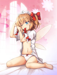 Rule 34 | 1girl, ;), bare legs, barefoot, bed sheet, blue eyes, bow, bow panties, chima q, crotch seam, dress shirt, fairy wings, feet, full body, hair bow, hands up, highres, indoors, mouth hold, navel, one eye closed, open clothes, open shirt, orange hair, panties, puffy short sleeves, puffy sleeves, red bow, shirt, short sleeves, sitting, smile, solo, stomach, sunny milk, touhou, tying hair, unbuttoned, unbuttoned shirt, underwear, wariza, white panties, white shirt, window, wings