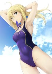 Rule 34 | 1girl, ahoge, akita hika, armpits, arms behind head, arms up, artoria pendragon (all), artoria pendragon (fate), bad id, bad twitter id, bare shoulders, blonde hair, blue one-piece swimsuit, blue ribbon, blue sky, breasts, closed mouth, collarbone, competition swimsuit, covered navel, day, fate/stay night, fate (series), green eyes, hair between eyes, hip focus, long hair, mouth hold, official alternate costume, one-piece swimsuit, outdoors, ribbon, saber (fate), saber (summer battle clothes) (fate), sky, small breasts, solo, swimsuit, thighs, tying hair