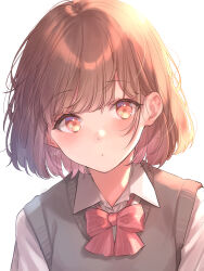 Rule 34 | 1girl, bob cut, bow, bowtie, brown hair, dot mouth, hair behind ear, highres, kishinaito, light blush, looking at viewer, original, red eyes, school uniform, short hair, sidelighting, solo, sweater vest, upper body, white background