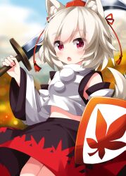 Rule 34 | 1girl, animal ears, bare shoulders, black skirt, blush, detached sleeves, hat, highres, holding, holding shield, holding sword, holding weapon, inubashiri momiji, japanese clothes, open mouth, pom pom (clothes), red eyes, red hat, red skirt, ruu (tksymkw), shield, short hair, skirt, solo, sword, tail, tokin hat, touhou, weapon, white hair, white sleeves, wide sleeves, wolf ears, wolf tail