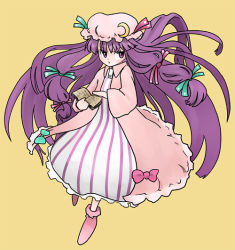 Rule 34 | 1girl, ankle boots, blunt bangs, book, boots, bow, crescent, dress, female focus, full body, hat, holding, holding book, itsukage, jitome, long hair, looking at viewer, mob cap, open book, patchouli knowledge, pink bow, purple eyes, purple hair, robe, simple background, solo, striped clothes, striped dress, touhou, vertical stripes, very long hair, yellow background