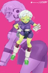 Rule 34 | 1girl, armor, ass, bodysuit, bouncing breasts, breastplate, breasts, cheelai, colored skin, dragon ball, dragon ball super, dragon ball super broly, flytrapxx, full body, gloves, green skin, highres, huge ass, looking at viewer, medium breasts, multiple views, ok sign, open mouth, purple bodysuit, purple eyes, short hair, simple background, skinny, smile, solo, white gloves, white hair, wide hips