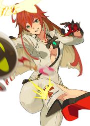 Rule 34 | 1girl, ankh, ankh necklace, arqa, bell-bottoms, breasts, broken halo, cleavage, spiked halo, green eyes, guilty gear, guilty gear strive, halo, high heels, jack-o&#039; valentine, kicking, long hair, looking at viewer, pants, red hair, smile