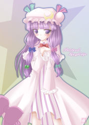 Rule 34 | 1girl, blunt bangs, blush, bow, dress, female focus, from side, hair bow, hat, highres, iganseijin, long hair, long sleeves, looking at viewer, mob cap, multi-tied hair, multiple hair bows, patchouli knowledge, pink dress, purple eyes, purple hair, solo, standing, touhou, very long hair