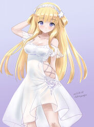 Rule 34 | 1girl, blonde hair, breasts, dress, feet out of frame, fletcher (kancolle), frilled dress, frills, gradient background, grey background, hair ornament, hairband, kantai collection, kitagawa mikio, large breasts, long hair, off-shoulder dress, off shoulder, official alternate costume, one-hour drawing challenge, purple eyes, solo, standing, star (symbol), star hair ornament, white dress, white hairband