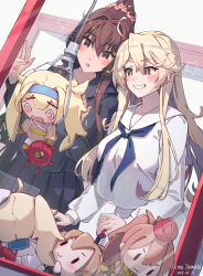 Rule 34 | 2girls, abyssal ship, artist name, black skirt, blonde hair, blue neckerchief, blush, breasts, brown eyes, brown hair, character doll, crane game, dated, enemy lifebuoy (kancolle), gambier bay (kancolle), grey eyes, grin, hair between eyes, highres, himeyamato, intrepid (kancolle), iowa (kancolle), kantai collection, large breasts, long hair, long sleeves, multiple girls, neckerchief, open mouth, pleated skirt, ponytail, saratoga (kancolle), signature, skirt, smile, star-shaped pupils, star (symbol), symbol-shaped pupils, white skirt, yamato (kancolle)