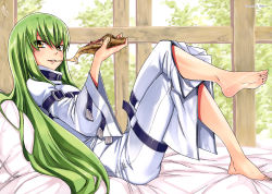 Rule 34 | 1girl, absurdres, artist name, barefoot, bed sheet, blush, bodysuit, buckle, c.c., code geass, crossed legs, eating, feet, food, full body, green hair, highres, leg up, lips, long hair, looking at viewer, lying, mashima hiro, on bed, parted lips, pillow, pizza, plantar flexion, scan, sidelocks, sitting, smile, soles, solo, straitjacket, thigh strap, toes, white bodysuit, wide sleeves, yellow eyes