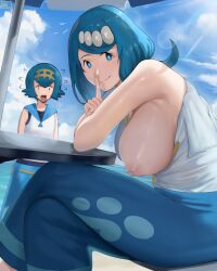 2girls absurdres armpits bare_shoulders beach blue_eyes blue_hair blue_sailor_collar breast_slip breasts bright_pupils cloud cloudy_sky creatures_(company) finger_to_mouth flashing freckles game_freak hairband highres index_finger_raised lana&#039;s_mother_(pokemon) lana_(pokemon) large_breasts looking_at_viewer magdalenus27 mature_female mother_and_daughter multiple_girls nintendo nipples no_bra one-piece_swimsuit one_breast_out open_mouth pants parasol pokemon pokemon_(anime) pokemon_sm_(anime) sailor_collar shirt short_hair shushing sitting sky sleeveless smile sunlight surprised swimsuit swimsuit_under_clothes table umbrella