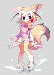 Rule 34 | 10s, 1girl, :3, amakusa (hidorozoa), animal ears, bad id, bad twitter id, blonde hair, bow, bowtie, brown eyes, closed mouth, commentary, fennec (kemono friends), fox ears, fox tail, fur trim, grey background, kemono friends, multicolored hair, orange bow, orange bowtie, orange thighhighs, pink sweater, puffy short sleeves, puffy sleeves, shoes, short sleeves, simple background, solo, standing, sweater, tail, thighhighs, white footwear