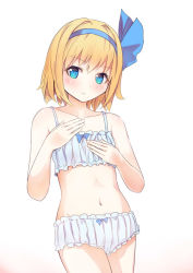 Rule 34 | 1girl, alice margatroid, alice margatroid (pc-98), blonde hair, blue eyes, cinderella bust, collarbone, culter, flat chest, hair ribbon, navel, ribbon, smile, solo, stomach, touhou, touhou (pc-98), underwear, underwear only, white background