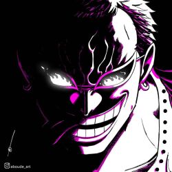 Rule 34 | 1boy, aboude art, artist name, commentary, donquixote doflamingo, earrings, evil smile, hoop earrings, instagram logo, instagram username, jewelry, limited palette, male focus, ominous shadow, one piece, open mouth, short hair, signature, smile, solo, sunglasses, teeth, tongue, tongue out