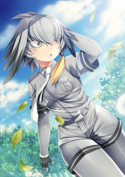 Rule 34 | 10s, 1girl, belt, black gloves, blue sky, bodystocking, breast pocket, cloud, commentary request, dandelion, dandelion seed, day, dot nose, dutch angle, fingerless gloves, flower, gloves, green eyes, grey hair, grey shirt, grey shorts, hair between eyes, hand in own hair, head wings, highres, kemono friends, layered sleeves, leaf, long sleeves, looking away, nature, necktie, open mouth, outdoors, pocket, shirt, shoebill (kemono friends), short over long sleeves, short sleeves, shorts, sky, solo, tree, white necktie, wind, wings, yasume yukito