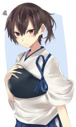 Rule 34 | &gt;:/, 10s, 1girl, :/, black hair, blue skirt, blush, brown eyes, hakama, hakama short skirt, hakama skirt, hand on own chest, highres, hip vent, japanese clothes, kaga (kancolle), kantai collection, looking at viewer, muneate, onineko-chan, short hair, side ponytail, skirt, solo, squiggle, tasuki, upper body, v-shaped eyebrows