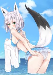 Rule 34 | 1girl, absurdres, ahoge, animal ears, ass, back, bare arms, bare shoulders, bikini, bikini skirt, blue bikini, blue sky, blush, braid, breasts, commentary request, day, fox ears, fox girl, fox tail, from behind, halterneck, highres, holding, holding clothes, holding shirt, hololive, horizon, leaning forward, long hair, looking at viewer, looking back, medium breasts, multiple braids, nemun (tamizzz), ocean, outdoors, shirakami fubuki, shirakami fubuki (hololive summer 2019), shirt, unworn shirt, short hair, sideboob, silver hair, sky, solo, swimsuit, tail, very long hair, virtual youtuber, wading, water