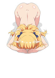 1girl absurdres blonde_hair blue_bow bow completely_nude dogeza full_body hair_bow highres nude original pointy_ears simple_background solo takonaguri white_background