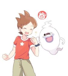 Rule 34 | 10s, 1boy, ^ ^, amano keita, bad id, bad pixiv id, belt, brown hair, closed eyes, ghost, grin, male focus, mei (maysroom), one eye closed, open mouth, purple lips, red shirt, shirt, short hair, simple background, smile, star (symbol), t-shirt, traditional youkai, watch, whisper (youkai watch), white background, wristwatch, youkai watch