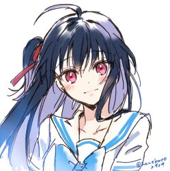 Rule 34 | 1girl, ahoge, blue bow, blue bowtie, blue hair, blush, bow, bowtie, closed mouth, commentary request, hair ribbon, hanekoto, looking at viewer, natsunagi nagisa, red eyes, red ribbon, ribbon, sailor collar, sailor shirt, shirt, short sleeves, side ponytail, signature, simple background, sketch, smile, solo, tantei wa mou shindeiru, tantei wa mou shindeiru (ordinary case), upper body, white background