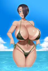 1girl bikini bikini_tan black_hair blue_eyes breasts camouflage camouflage_bikini cleavage curvy hair_over_one_eye heart highleg highleg_swimsuit highres huge_breasts in_water open_mouth original saya_(twrlare) short_hair solo swimsuit tan tanline thong thong_bikini twrlare wet wide_hips