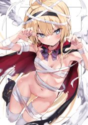 Rule 34 | 1girl, absurdres, ahoge, bandaged arm, bandaged chest, bandaged leg, bandages, black footwear, black hairband, blonde hair, blue eyes, blush, boots, breasts, cape, claw pose, closed mouth, fingernails, hair between eyes, hairband, halloween, hands up, highres, looking at viewer, nail polish, navel, original, purple nails, red cape, short hair, small breasts, solo, thighhighs, torn cape, torn clothes, toshizou (0714), white thighhighs, white wings, wings
