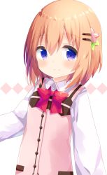 Rule 34 | 1girl, absurdres, blue eyes, blush, bow, closed mouth, collared shirt, commentary request, dress shirt, gochuumon wa usagi desu ka?, hair between eyes, hair ornament, hairclip, highres, hoto cocoa, light brown hair, looking at viewer, nakkar, pink vest, rabbit house uniform, red bow, shirt, smile, solo, uniform, upper body, vest, waitress, white background, white shirt
