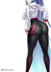 Rule 34 | 1girl, :o, absurdly long hair, absurdres, alternate costume, ass, azur lane, black pants, blue hair, breasts, commentary, from behind, head out of frame, highres, hood, hood down, hoodie, irkawaza, large breasts, long hair, long sleeves, new jersey (azur lane), pants, sidelocks, simple background, solo, standing, tight clothes, tight pants, twitter username, very long hair, white background, white hoodie