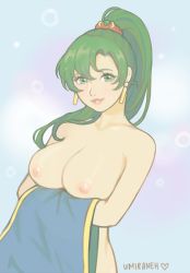 Rule 34 | 1girl, blush, breasts, cleavage, collarbone, earrings, female focus, fire emblem, fire emblem: the blazing blade, fire emblem heroes, green eyes, green hair, highres, holding, holding clothes, jewelry, jivke, large breasts, long hair, looking at viewer, lyn (fire emblem), matching hair/eyes, nintendo, nipples, nude, ponytail, smile, solo, umiraneh