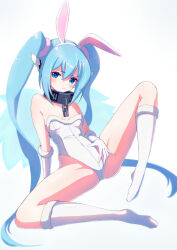 Rule 34 | 1girl, animal ears, bare shoulders, blue eyes, blue hair, blush, breasts, chain, closed mouth, collar, commission, covered navel, fake animal ears, gloves, hair between eyes, hand rest, highres, knee up, kneehighs, legs, leotard, long hair, looking at viewer, makolas97, no shoes, nymph (sora no otoshimono), playboy bunny, rabbit ears, robot ears, simple background, sitting, skeb commission, small breasts, socks, solo, sora no otoshimono, spread legs, toes, twintails, white background, white gloves, white leotard, white socks