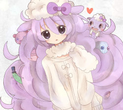 Rule 34 | 1girl, black eyes, blush, character request, fur scarf, handlebar mustache, hat, long hair, long sleeves, looking at viewer, manmi, mustache, open mouth, pajamas, patchouli knowledge, pickle, purple background, solo, top hat, touhou, very long hair, white pajamas