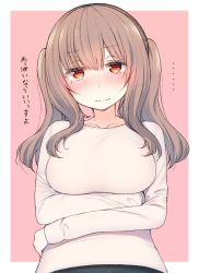 Rule 34 | ..., 1girl, blush, breasts, closed mouth, commentary, crossed arms, fang, fang out, grey sweater, hairband, large breasts, long sleeves, looking at viewer, nekoume, original, pink background, red eyes, simple background, solo, standing, sweater, translated, twintails, upper body