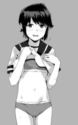 Rule 34 | 1girl, banned artist, blush, bra, breasts, clothes lift, flying sweatdrops, greyscale, kantai collection, lifting own clothes, looking at viewer, makio (makiomeigenbot), miyuki (kancolle), monochrome, panties, parted lips, sailor collar, school uniform, serafuku, shirt lift, short hair, simple background, small breasts, solo, training bra, underwear