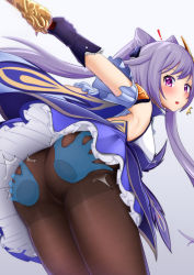 Rule 34 | 1girl, ass, ass grab, bare shoulders, blush, breasts, cameltoe, deep skin, disembodied hands, dress, from behind, genshin impact, gloves, highres, keqing (genshin impact), leaning, leaning forward, long hair, looking at viewer, looking back, open mouth, pantyhose, purple eyes, purple hair, selvalanch, sideboob, skirt, solo, surprised, sword, twintails, very long hair, weapon