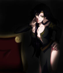Rule 34 | 1girl, artist request, bare shoulders, black dress, black hair, breasts, circlet, cleavage, dark room, detached sleeves, dress, elbow gloves, fingernails, fire emblem, fire emblem: the blazing blade, gloves, hand on own hip, head on hand, jewelry, large breasts, leaning on object, lipstick, long hair, looking at viewer, makeup, mature female, nail polish, nintendo, plunging neckline, red nails, side slit, smile, solo, sonia (fire emblem: the blazing blade), thighs, tongue, tongue out, yellow eyes