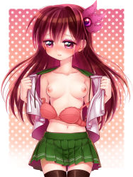 Rule 34 | 10s, 1girl, bad id, bad pixiv id, blush, bow, bow bra, bra, bra pull, breasts, brown hair, clothes pull, embarrassed, hair ornament, kantai collection, kisaragi (kancolle), minami (apricot tea), navel, nipples, open clothes, open shirt, pink bra, pink eyes, school uniform, shirt, skirt, solo, standing, thighhighs, underwear, zettai ryouiki