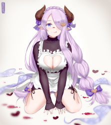 Rule 34 | 1girl, :q, apron, bow, braid, breasts, brown sweater, cleavage, cleavage cutout, closed mouth, clothing cutout, draph, dress, food, food on face, frilled apron, frills, granblue fantasy, hair bow, hair ornament, hair over one eye, head tilt, heart, heart cutout, heart hair ornament, highres, horns, kaorin m, large breasts, light purple hair, long hair, looking at viewer, narmaya (granblue fantasy), narmaya (valentine) (granblue fantasy), panties, pantyshot, pointy ears, purple bow, purple eyes, purple panties, ribbed sweater, sidelocks, sitting, sleeves past wrists, smile, solo, sweater, sweater dress, tongue, tongue out, underwear, very long hair, white apron, white background