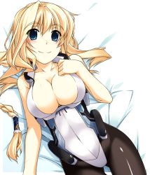 Rule 34 | 1girl, bad id, bad pixiv id, bare shoulders, bed sheet, black pantyhose, blonde hair, blue eyes, blush, bodysuit, braid, breasts, cleavage, cowboy shot, dutch angle, from above, hair spread out, hair tubes, hand on own chest, highleg, highleg leotard, kyoukaisenjou no horizon, large breasts, leotard, light smile, long hair, looking at viewer, lying, mary stuart, on back, on bed, pantyhose, scar, shikei, single braid, smile, solo, very long hair