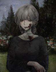Rule 34 | 1girl, bags under eyes, blood, blood on clothes, braid, female focus, french braid, grey hair, highres, injury, jiz (pffbq), looking at viewer, nun, original, outdoors, overcast, pale skin, sky, solo, tree, upper body