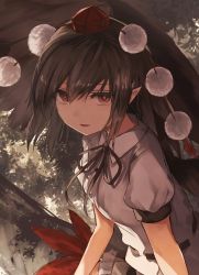 Rule 34 | 1girl, bird wings, black ribbon, black wings, brown hair, collared shirt, hat, highres, in tree, leaf, looking at viewer, neck ribbon, open mouth, pointy ears, pom pom (clothes), puffy short sleeves, puffy sleeves, red eyes, red hat, ribbon, shameimaru aya, shirt, short hair, short sleeves, smile, solo, tassel, thkani, tokin hat, touhou, tree, upper body, white shirt, wings