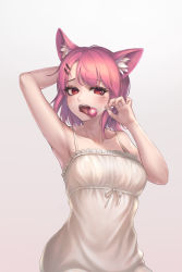 Rule 34 | 1girl, absurdres, animal ear fluff, animal ears, arm up, armpits, bad id, bad pixiv id, bare shoulders, blush, candy, cat ears, cat girl, collarbone, commission, dress, eyeshadow, fingernails, food, frilled dress, frills, gradient background, hair ornament, hairclip, highres, holding, holding candy, holding food, holding lollipop, kie (wylee2212), lollipop, makeup, medium hair, mole, mole under eye, open mouth, original, pink eyeshadow, pink hair, red eyes, solo, teeth, tongue, tongue out, upper teeth only, white dress