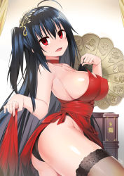 Rule 34 | 1girl, :d, ass, azur lane, bare shoulders, black hair, black panties, blush, brown thighhighs, choker, collarbone, commentary request, covered erect nipples, dress, fang, fingernails, groin, hair between eyes, hair ornament, head tilt, highres, lifted by self, long hair, looking at viewer, looking to the side, nekomicha, official alternate costume, one side up, open mouth, panties, phonograph, red choker, red dress, red eyes, see-through, smile, solo, strap lift, taihou (azur lane), taihou (forbidden feast) (azur lane), thighhighs, underwear, very long hair