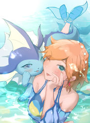 Rule 34 | 1girl, artist request, bare shoulders, blush, breasts, creatures (company), detached sleeves, dress, earrings, eyelashes, game freak, gen 1 pokemon, green eyes, gym leader, hair between eyes, hair tie, highres, jewelry, legs, looking at viewer, medium breasts, misty (pokemon), misty (sygna suit) (pokemon), navel, nintendo, official alternate costume, one eye closed, open mouth, orange hair, pokemon, pokemon (creature), pokemon masters ex, short hair, simple background, smile, solo, tongue, tongue out, vaporeon, wink