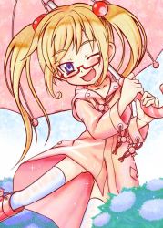 Rule 34 | 1girl, blonde hair, blue eyes, boots, child, fang, female focus, flower, glasses, hair bobbles, hair ornament, hydrangea, long hair, matsuoka juuzou, naked raincoat, no panties, one eye closed, raincoat, red-framed eyewear, solo, thighhighs, twintails, umbrella, wink