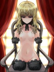 Rule 34 | 1girl, amputee, blonde hair, blue eyes, breasts, chair, choker, goth fashion, hara takehito, highres, looking at viewer, nipples, not amused, nude, original, pussy, quadruple amputee, sitting, sketch, solo, symmetry, uncensored
