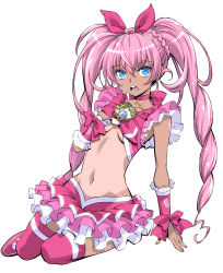 Rule 34 | 1girl, blue eyes, breasts, brooch, choker, cure melody, frilled skirt, frills, hairband, hand under clothes, highres, houjou hibiki, jewelry, long hair, looking to the side, magical girl, midriff, navel, one-piece tan, open mouth, pink hair, pink skirt, precure, sena monaco, simple background, skirt, solo, suite precure, tan, tanline, thighhighs, twintails, underboob, white background
