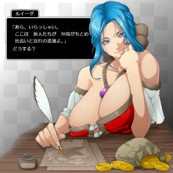 Rule 34 | 1girl, aratama (a-tama), bag, bare shoulders, bianca (dq5), blue eyes, blue hair, bow, breast rest, breasts, breasts squeezed together, cameo, character name, checkered background, cleavage, closed mouth, coin, detached sleeves, dragon quest, dragon quest heroes, dragon quest ix, dragon quest v, gold, gradient background, hair bow, head tilt, holding, huge breasts, inkwell, jewelry, light smile, lips, looking at viewer, matching hair/eyes, naughty face, necklace, no bra, paper, pendant, quill, ruida, sagging breasts, sidelocks, smile, solo, speech bubble, table, text focus, translated, upper body