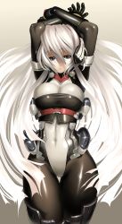 Rule 34 | 1girl, absurdres, arms up, black eyes, bodysuit, boots, breasts, bursting breasts, cleavage, covered navel, highres, horizon ariadust, imaoka, kyoukaisenjou no horizon, large breasts, long hair, narrow waist, no nose, pantyhose, silver hair, skindentation, solo, thigh boots, thigh gap, thighhighs